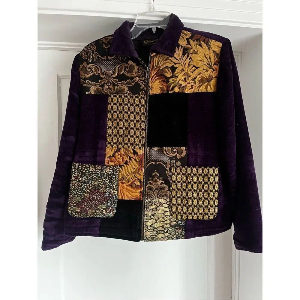 Vintage Julia Kim Purple Patch Up Art To Wear Jacket sz PM EUC